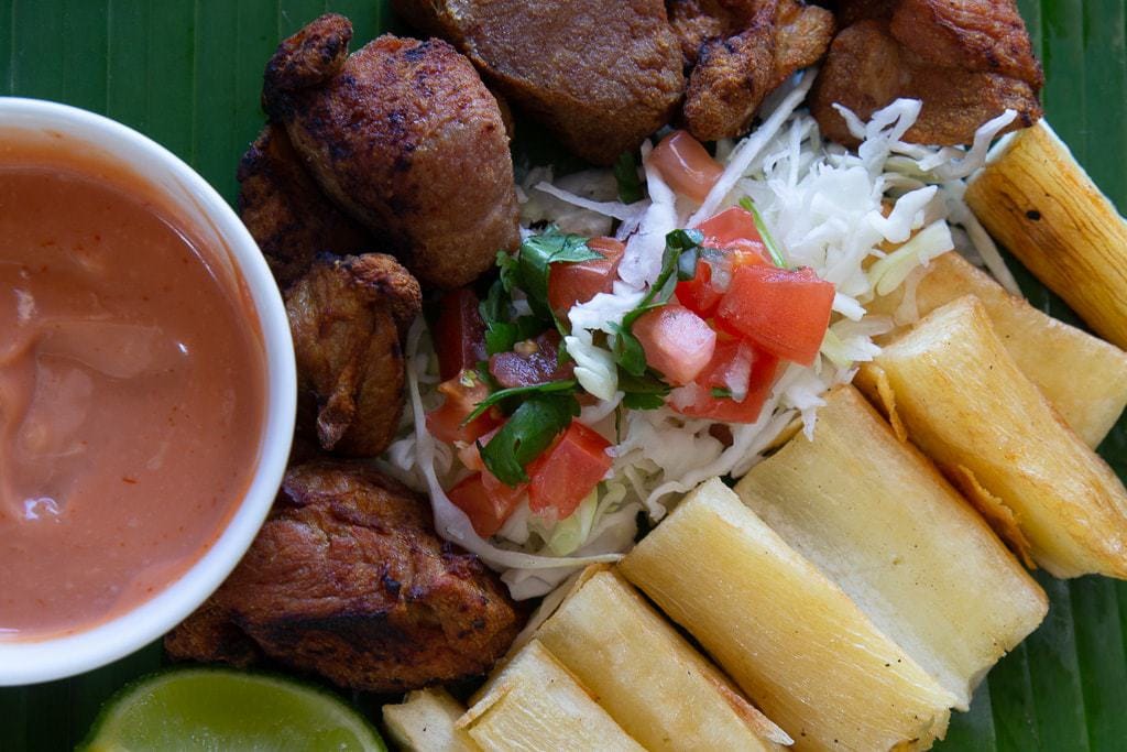 Chicharron fried pork with chimichurri sauce, salsa rosada- Costa Rica.