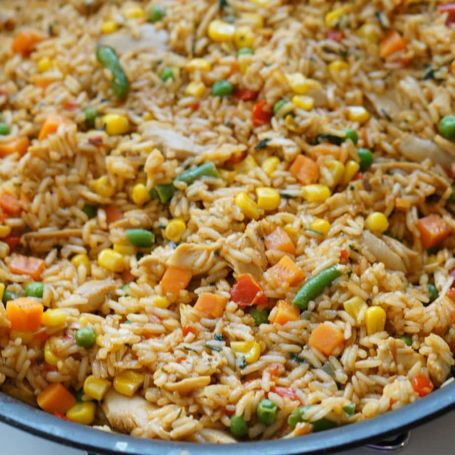 Close up of a platter of costa rican chicken fried rice.