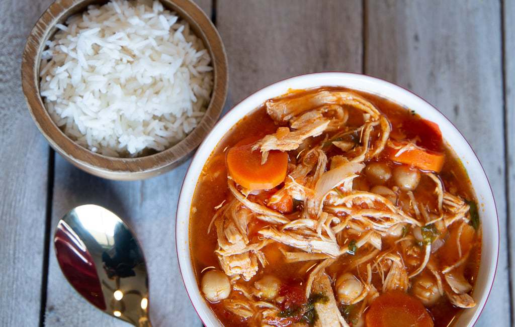 chicken soup with garbanzo beans, carrots and white rice